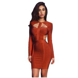 Miss Circle Cut-out long sleeves bandage dress, dark burnt orange, Size M O27
